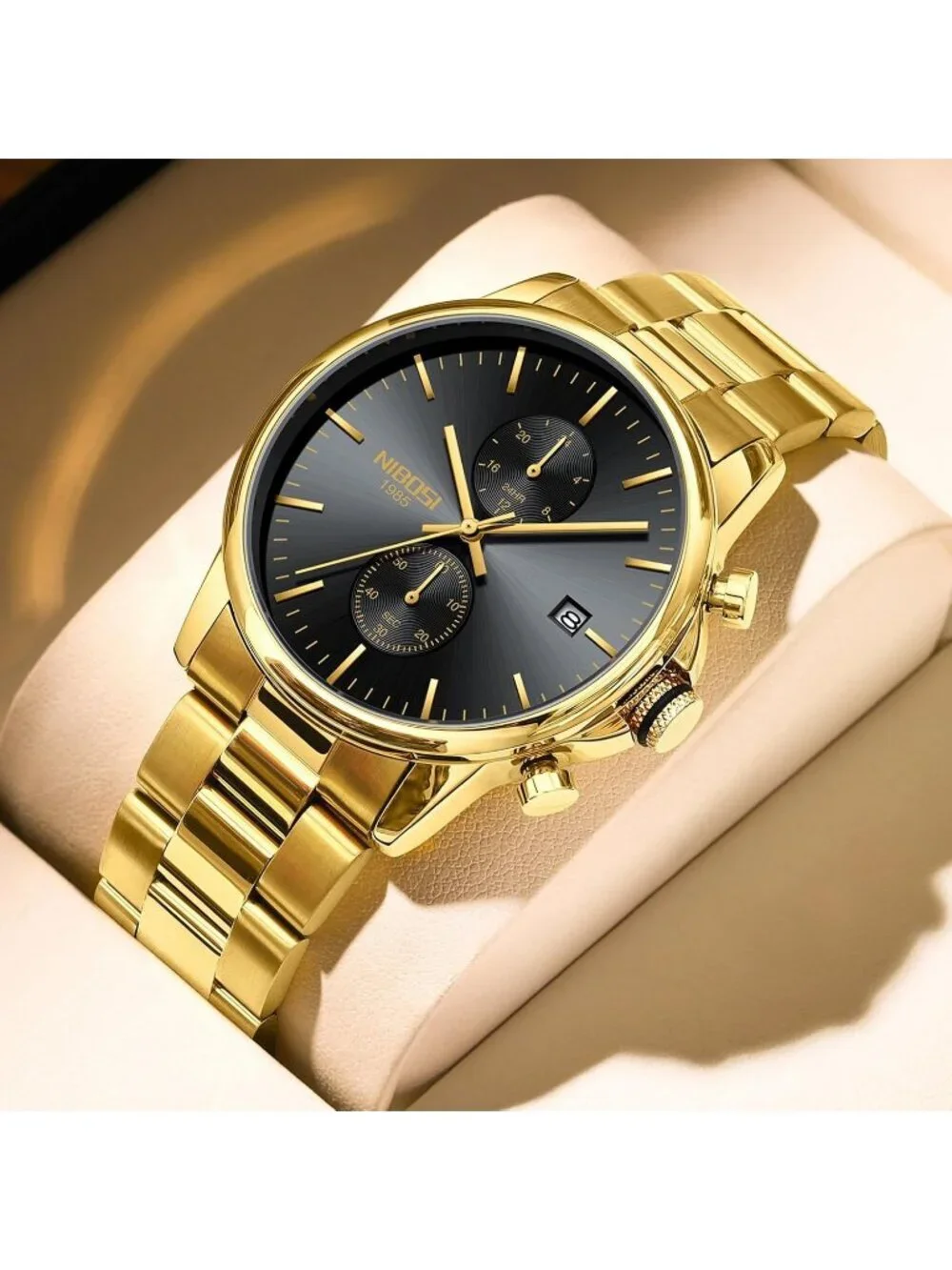 Men's Gold Stainless Steel Quartz Waterproof Day Date Casual Dress Wrist Watch